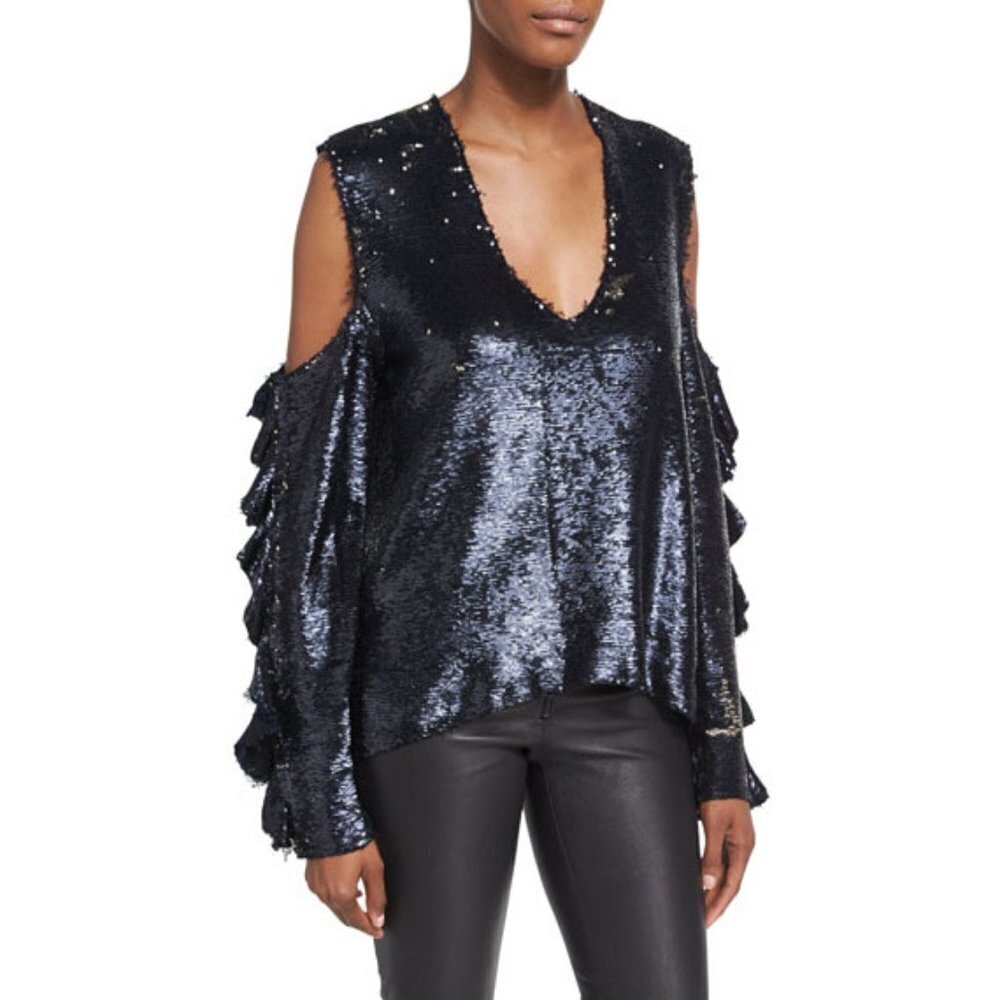 EUC IRO black & silver double faced sequin cold shoulder ruffle sleeve top